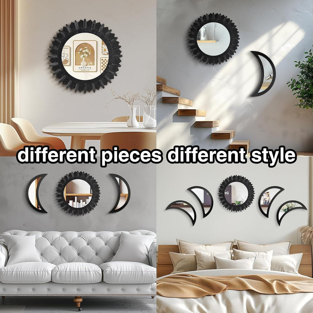 WAKOSAN Moon Phase Wall Mirror Set, 5PCS Wooden and Real Glass Mirrors