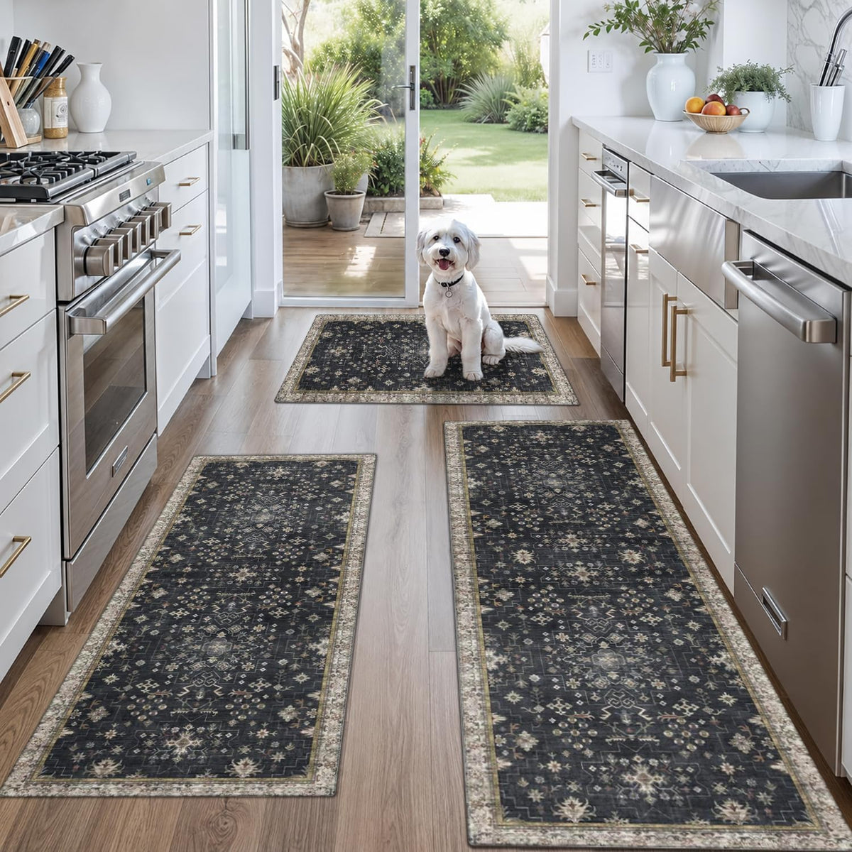 black boho kitchen rugs set of 3, non-slip, main product view