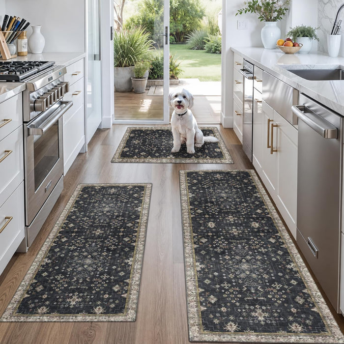 Black Boho Kitchen Rugs Set of 3, Non-Slip Machine Washable Kitchen Floor Mats, Low-Pile Runner Rug for Sink, Entryway, Bathroom, Laundry Room, Bedroom, Vintage Farmhouse Design