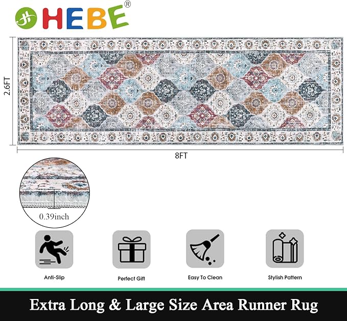 HEBE Hallway Runner Rug 2'8"x8' Washable Vintage Distressed Area Rugs Non Slip - Image 2
