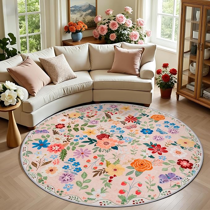 Round Area Rug for Living Room: 6 ft Floral Washable Circle Rug Soft Boho by PLHXFRSoftAreaRugs