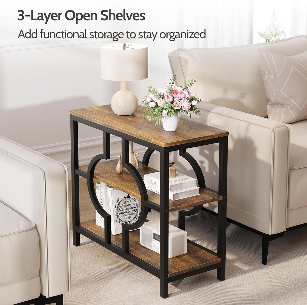 End Table, Narrow Side Table with 3-Tier Storage Shelves, Wood Sofa Side Tabl...