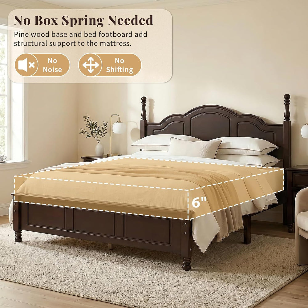 Dark Walnut Wood Bed Frame Full Size with Wave Shaped Headboard