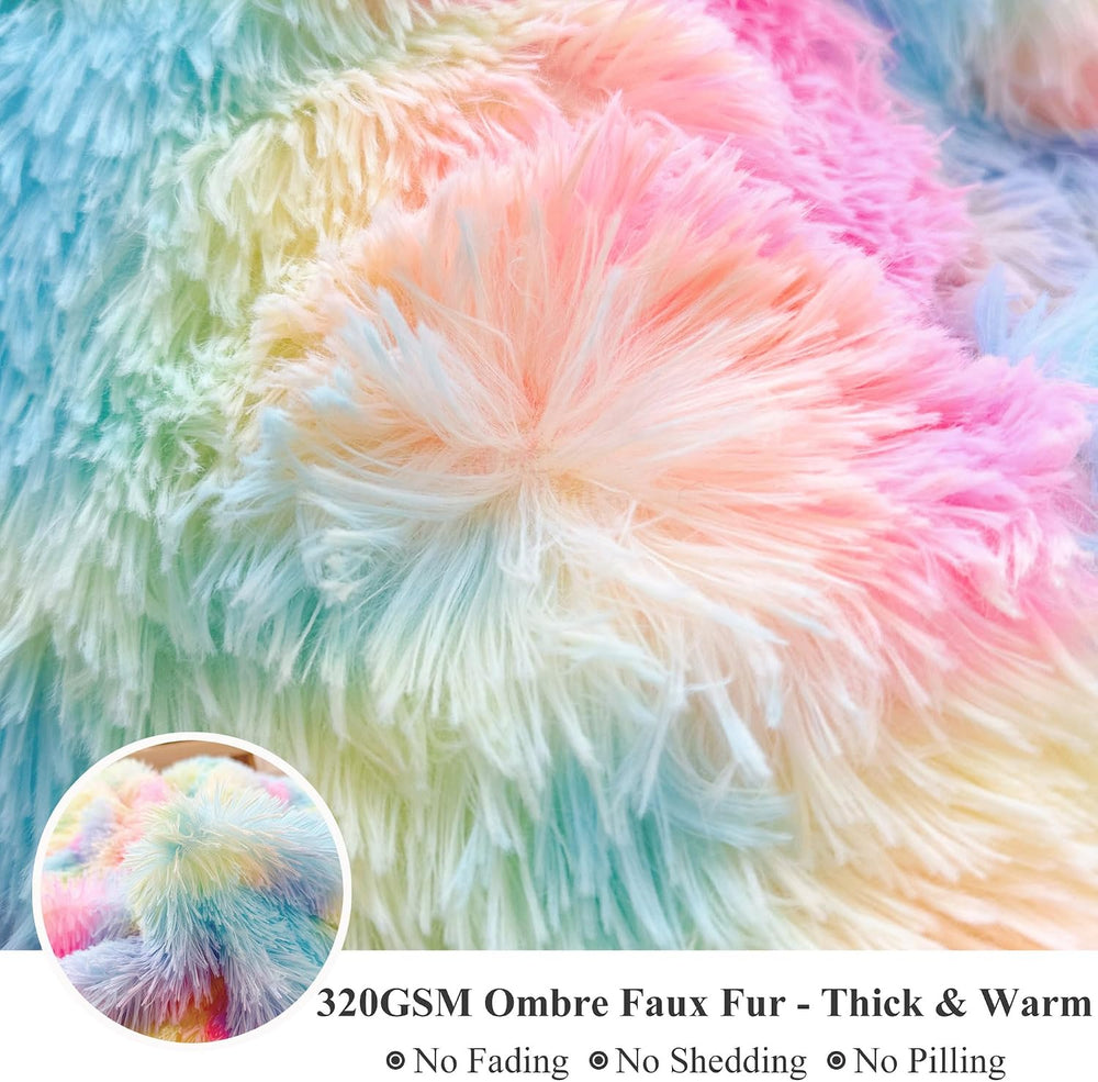 XeGe 3 Pieces Soft Fluffy Faux Fur Throw Blanket Set, Rainbow