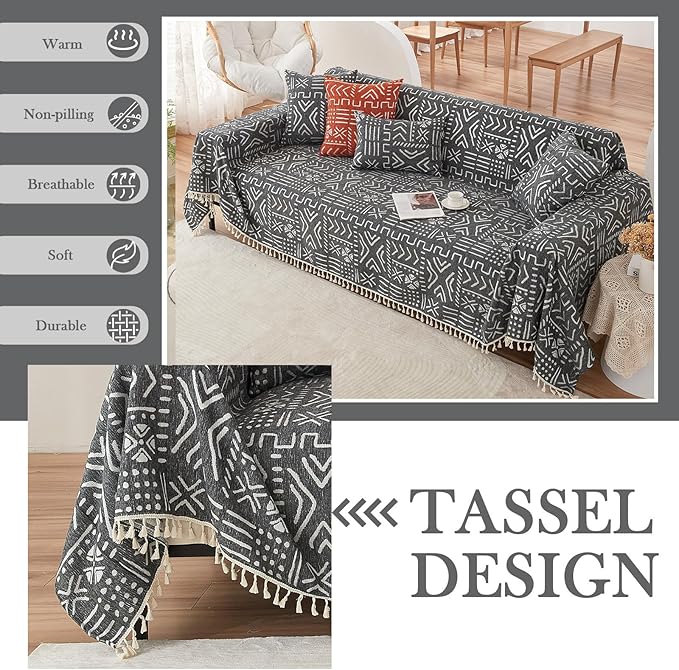 HANDONTIME Black White Boho Sofa Cover Geometric Farmhouse Tassel Couch Covers - Image 4