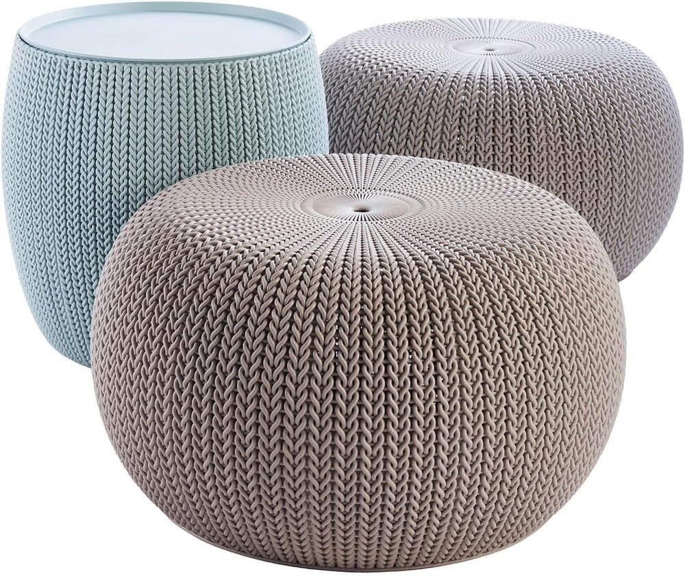 Keter Urban Knit Pouf Ottoman Set of 2 with Storage Table for Patio and Room ...