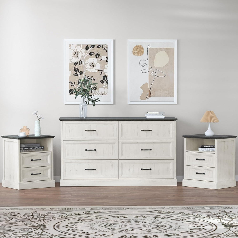 Tradare 3 Pcs Farmhouse Dresser and Nightstand Sets for Bedroom, 6 Drawer Dre...