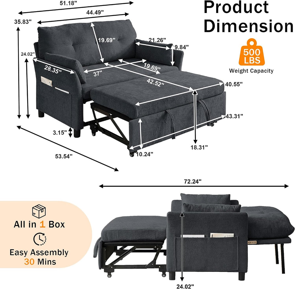 51.18'' 3-in-1 Convertible Sofa Bed, Pull Out Couch with 5-Position A...