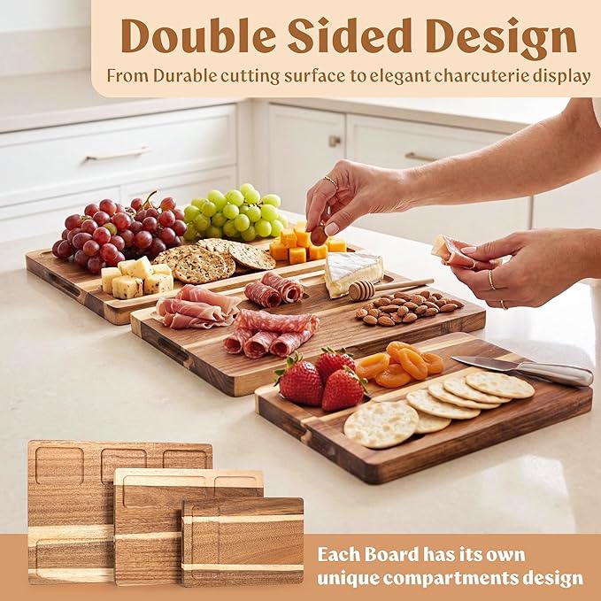 Acacia Wood Cutting Board for Kitchen, Non-Toxic Cutting Board Set of 3