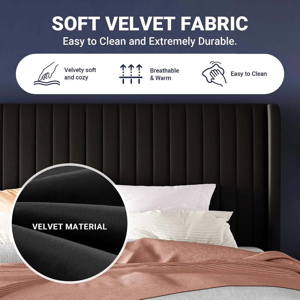 Allewie Full Size Velvet Bed Frame/Vertical Channel Tufted Wingback Headboard...