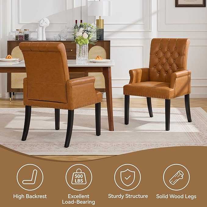 PU Leather Dining Chair with Arms, Upholstered Tufted High Back Dining Room C...