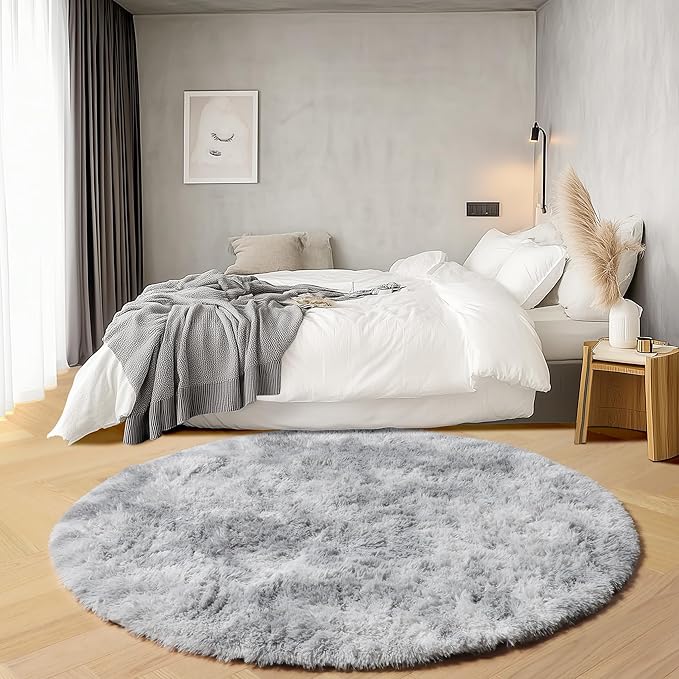 ONASAR Round Rugs 5ft for Bedroom Living Room, Fluffy Tie-Dyed Light Grey - Image 3