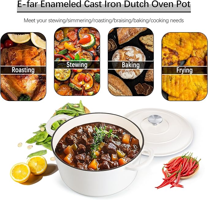 E-far Dutch Oven Pot with Lid, 5 Quart Enameled Cast Iron Round Dutch Oven