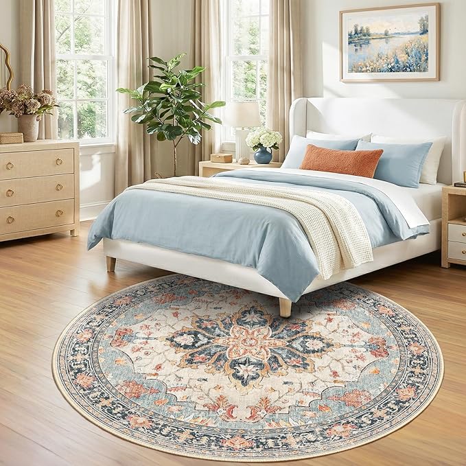 RELEANY Area Rugs 7ft Washable Non-Slip, Floral Vintage Distress Print Pattern