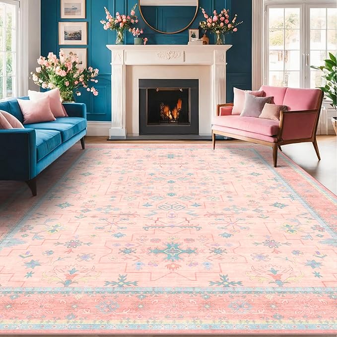 Washable Pink and Blue 7x10 Oushak Rugs - Image 6