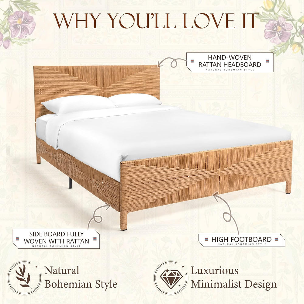 Brafab Boho Queen Rattan Bed Frame with Headboard and Footboard