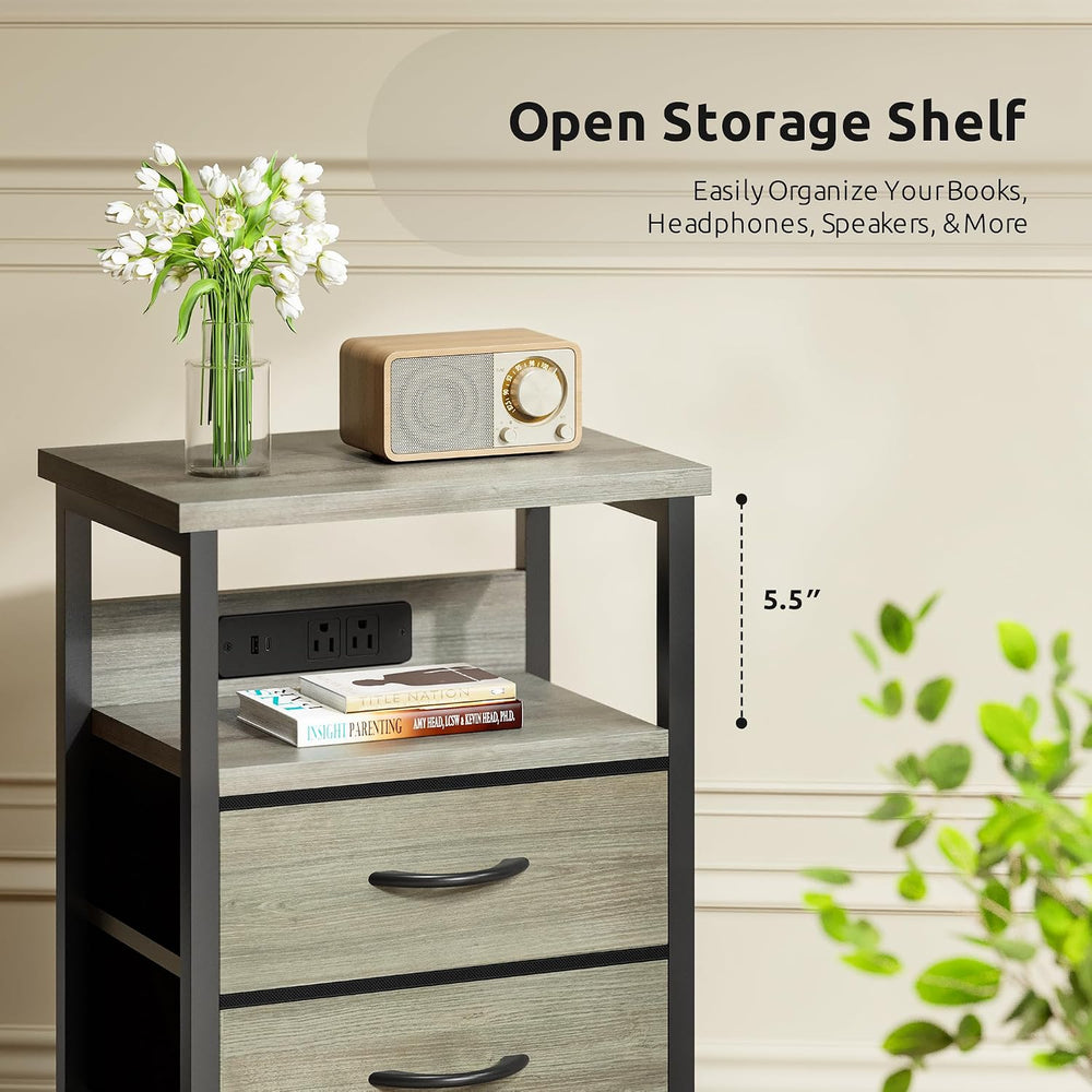 Lazzanto Night Stand with Charger Station, 2 Fabric Drawers, Grey | Nightstan...