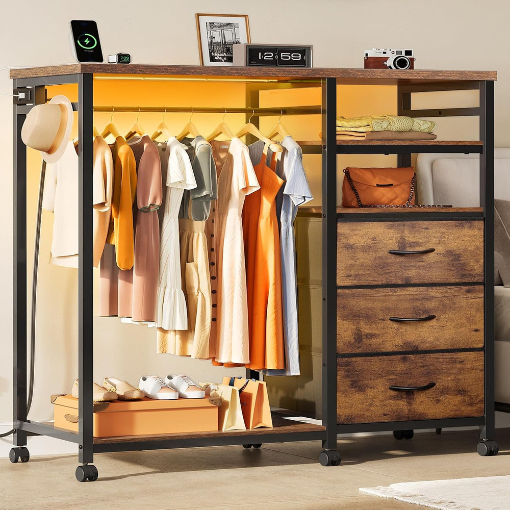 WLIVE LED Dresser for Bedroom, 3 Drawers with Hanging Rack, Rustic Brown