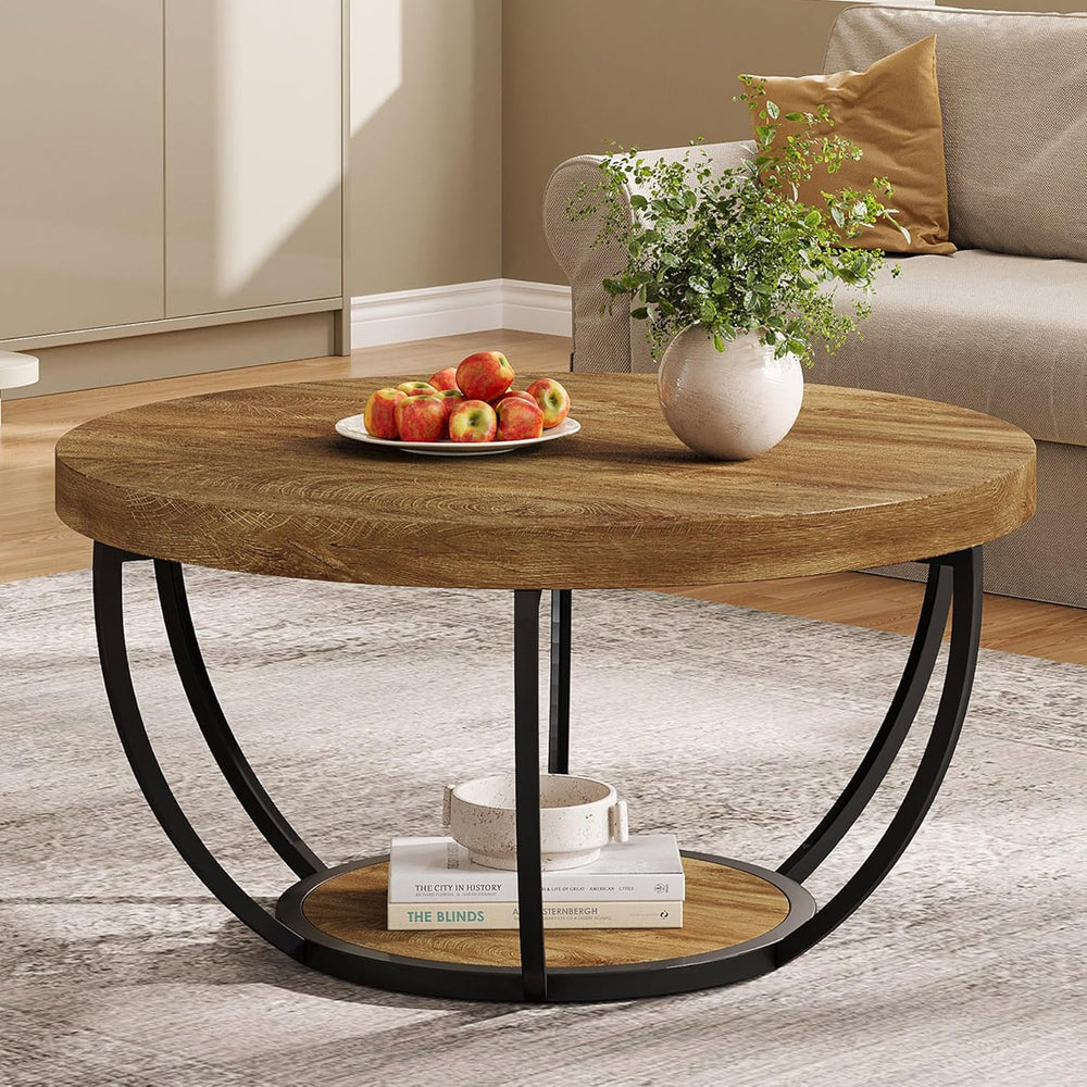 Tribesigns Round Coffee Table, 31.7" Wooden 2-Tier Circle Coffee Table w...