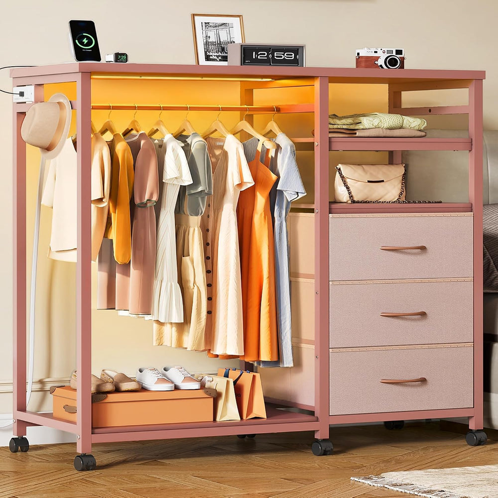 WLIVE LED Dresser for Bedroom, 3 Drawers with Hanging Rack, Pink
