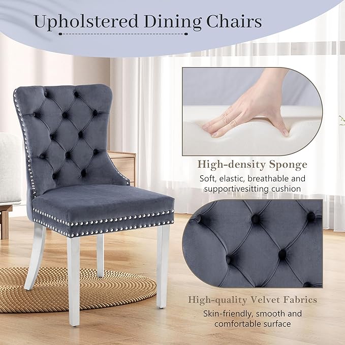 KCC Velvet Dining Chairs Set of 2, Upholstered High-end Tufted Dining Room Ch...