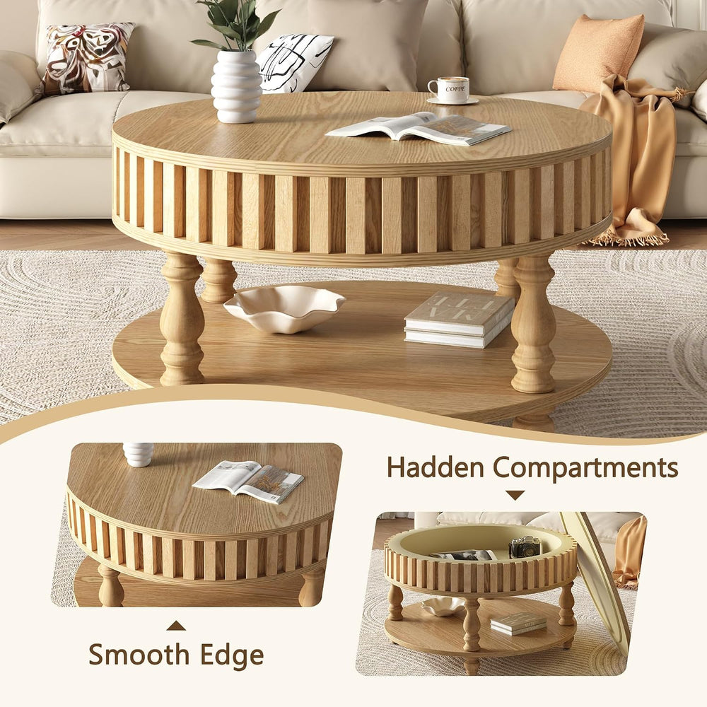 TesNus 31.5'' Round Coffee Table with Storage, Modern Wood Coffee Tab...