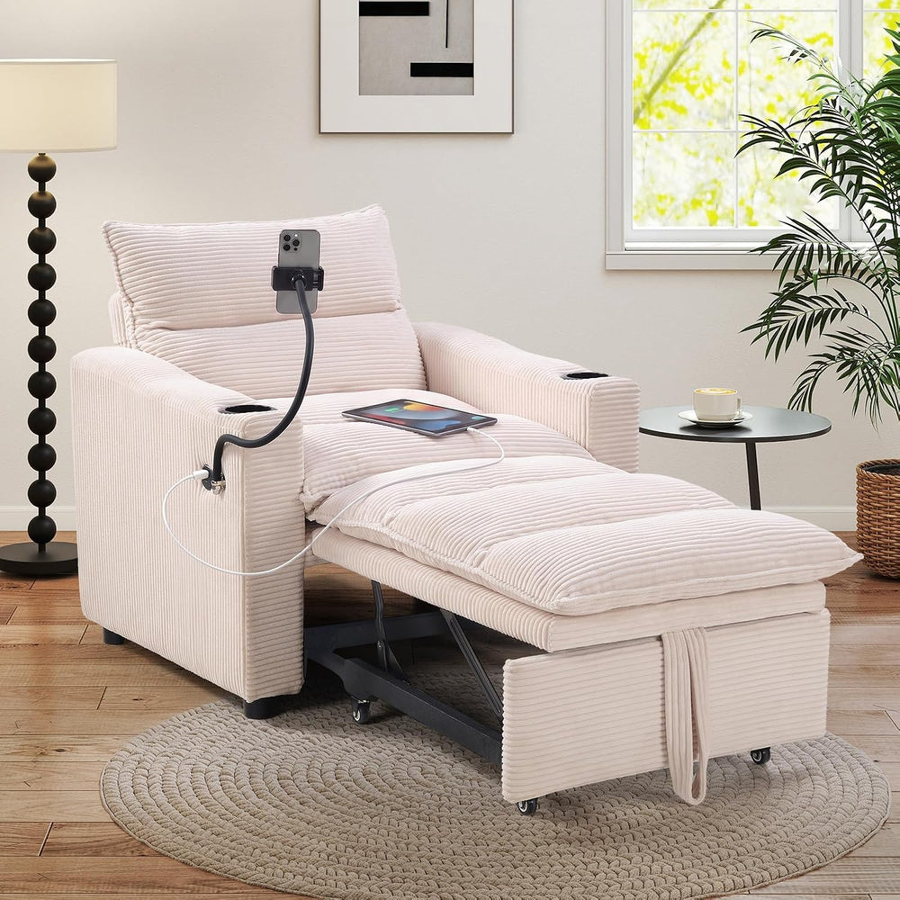 HAOMARKETS Corduroy Sleeper Sofa Bed with Cup Holders, 3-in-1 Convertible Pul...