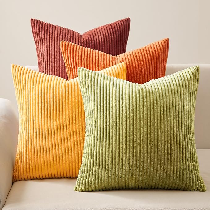 Topfinel Fall Burnt Orange Throw Pillow Covers 16x16 Set of 4, Corduroy Striped by Topfinel