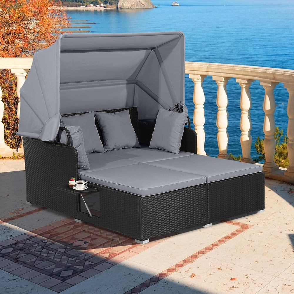 HAPPYGRILL Outdoor Wicker Lounge Daybed, Hand-Woven PE RattanDaybed, Patio Lo...