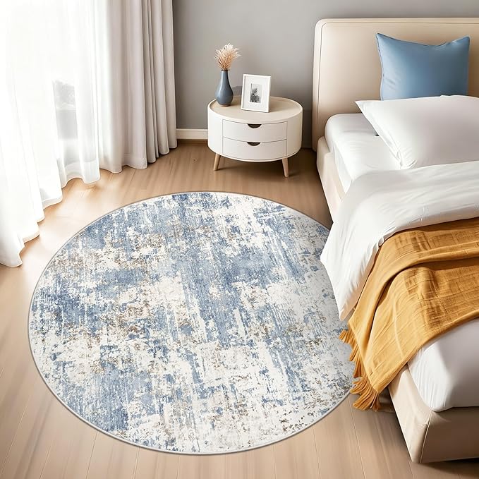 XLUEZ Round Rug 4ft for Bedroom, Washable Modern Abstract Circle Rug Neutral - Image 4