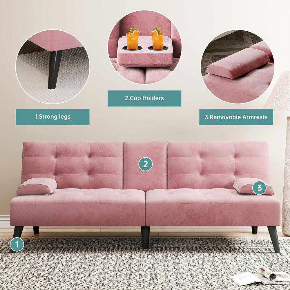 Futon Sofa Bed, 64 in Small Couch with Cup Holders, Pink