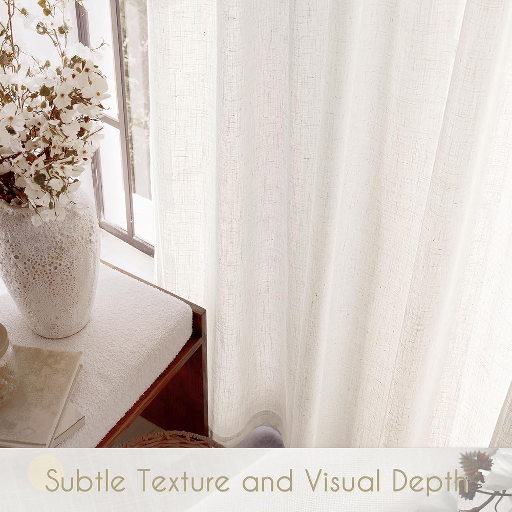 Natural Semi Sheer Linen Curtain 90 inch Length 2 Panels Set Back Tab Light F...