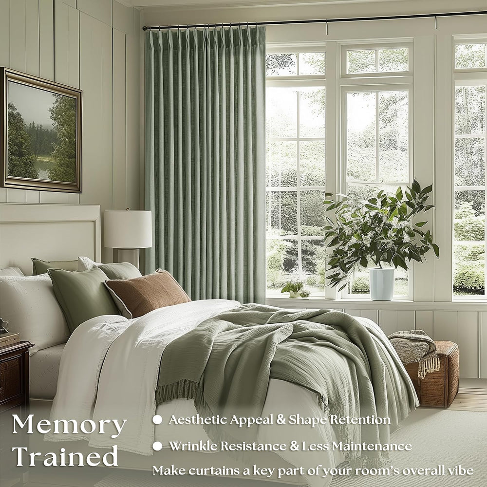 Pinch Pleated Sage Green Thick Linen Curtains 96 Inch Length 2 Panels Set