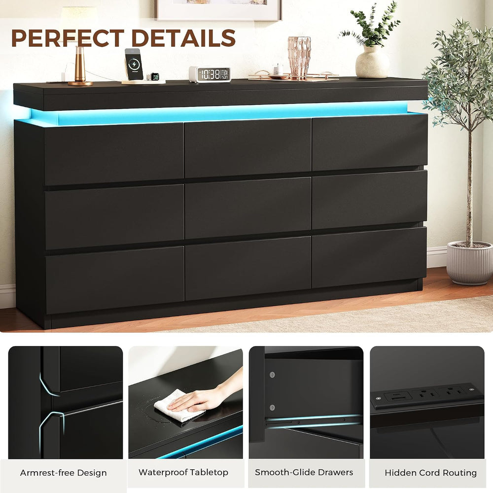 9 Drawer Dresser with LED Lights and Charging Station, Modern Black Dresser