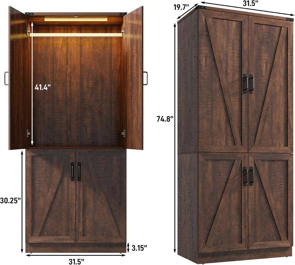75" Tall Farmhouse 2 Doors Armoire Wardrobe Closet with LED,Freestanding...