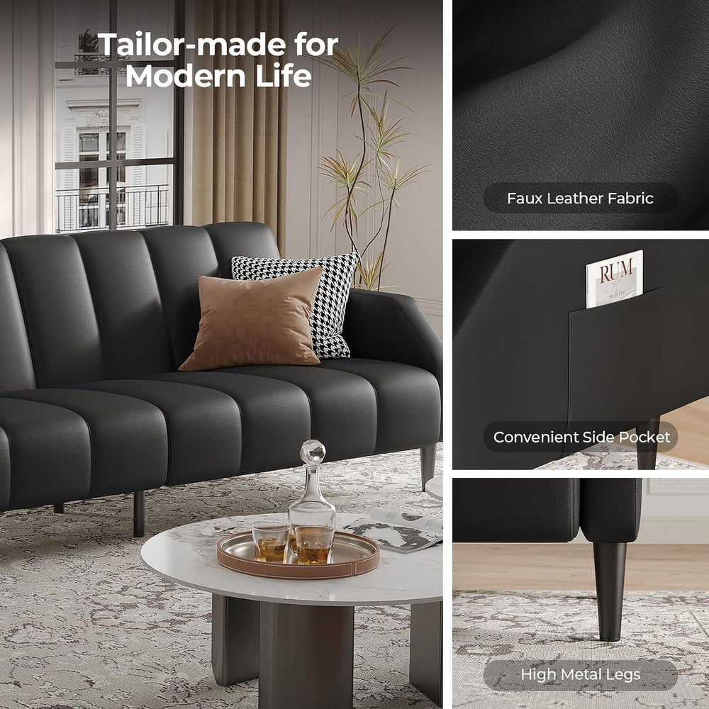 Fadware Faux Leather Couch, Convertible Futon Sofa Bed with Adjustable Backre...