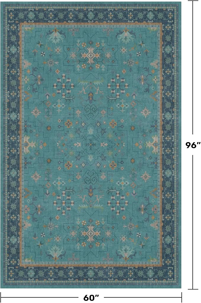 Washable 5x8 Teal Rug for Living Room, Boho Area Rugs for Bedroom Under Bed - Image 2