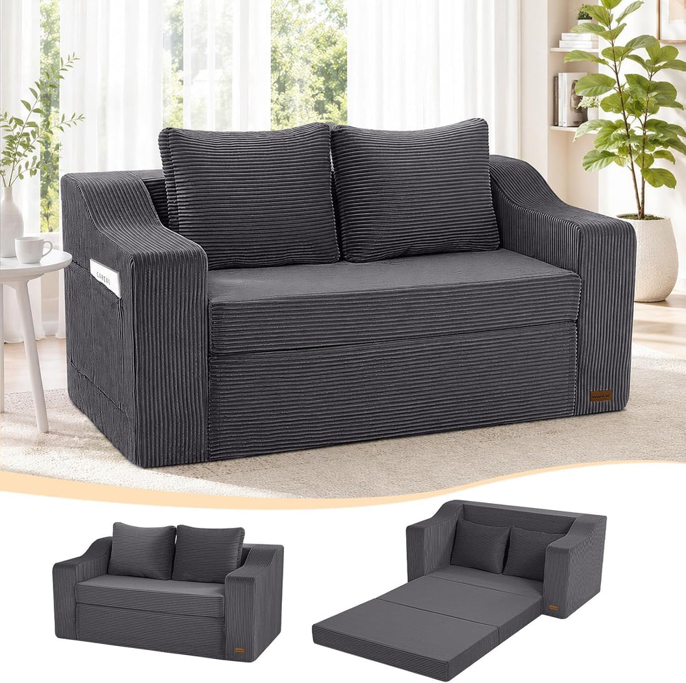 MeMoreCool 58" Boneless Loveseat Sofa Bed, Corduroy Pull Out, Warm Grey