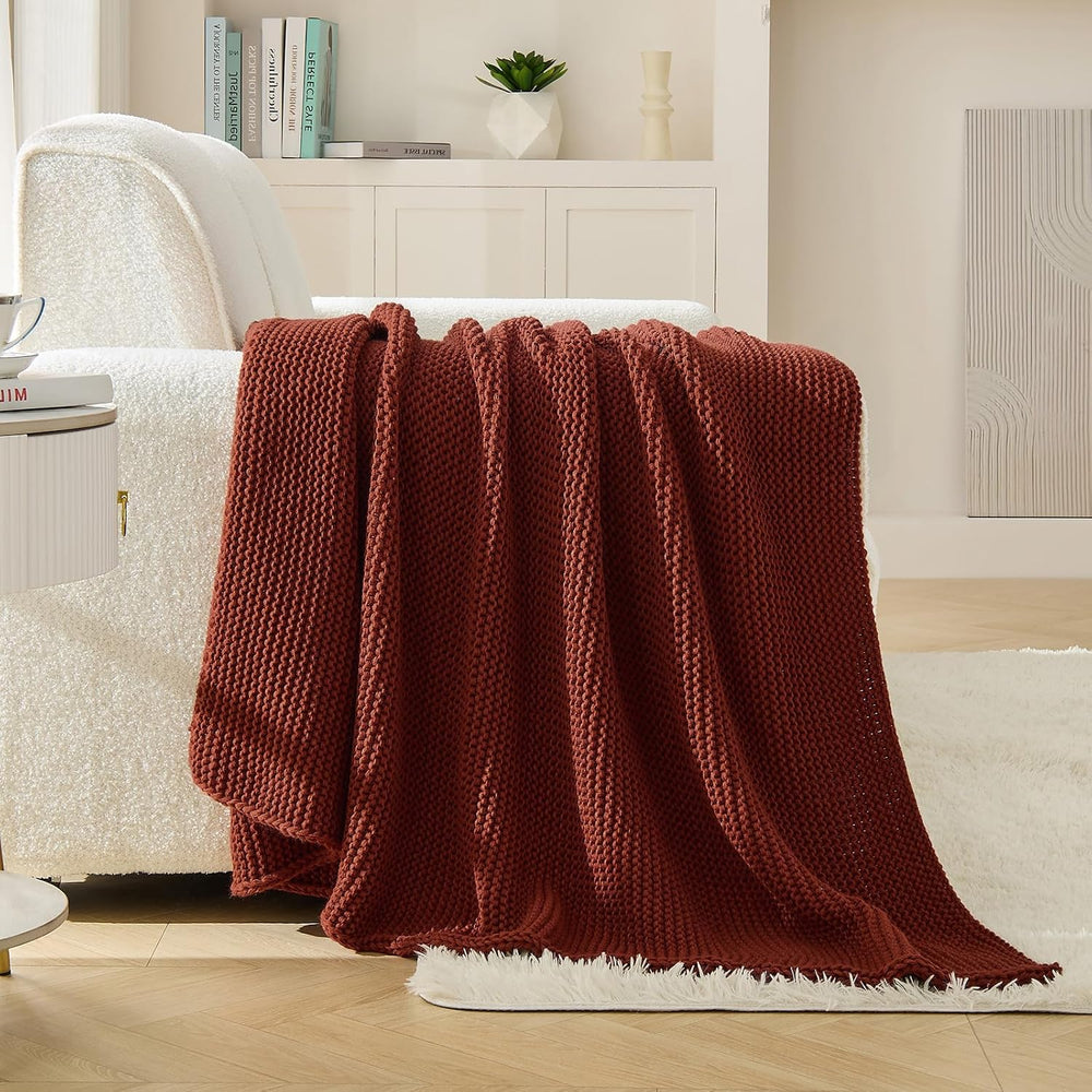Rust Throw Blanket, Garter Knit, 60" x 80", Rustic Red Orange