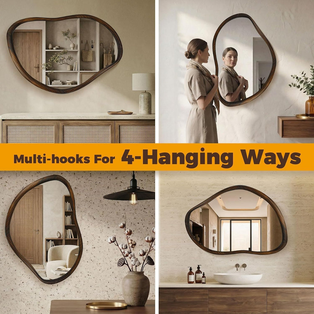 35"x24" Irregular Wood Asymmetrical Walnut Framed Mirror
