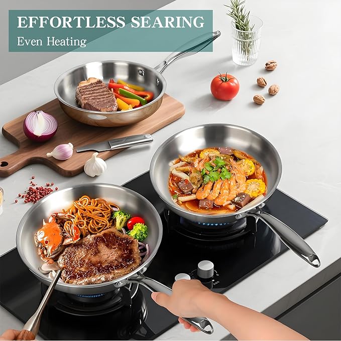 EWFEN Pots and Pans Set, 3 Ply 11 Piece Stainless Steel Cookware Set, Oven