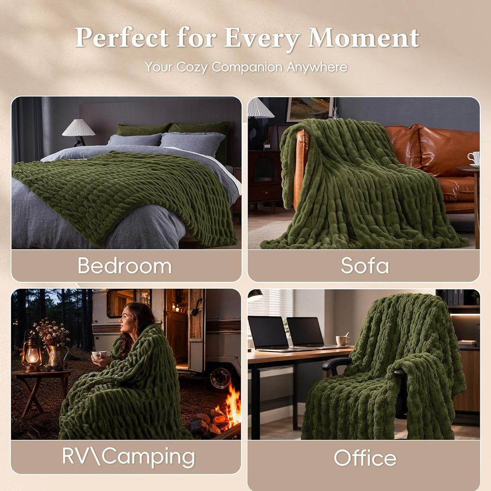 David's Home Double-Sided Faux Rabbit Fur Ruched Throw Blanket, Winter Moss