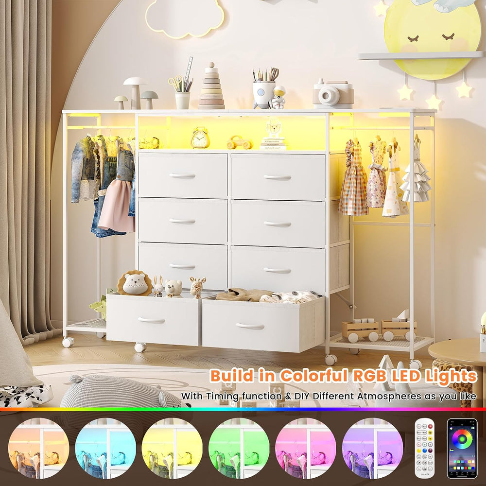 59.1" W Dresser for Bedroom with Hanging Rack, 8 Drawer Dresser with LED...