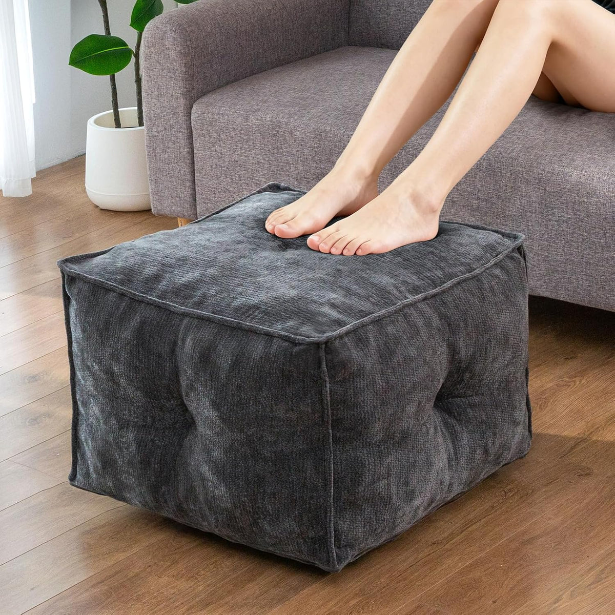 Pouf Ottoman and Foot Rest - Elevate Your Living Room Decor with Lightweight Comfort and Charm - 20 Inches Square Modern Foam Filled Foot Stool Perfect to Rest Your Feet (Dark Grey)