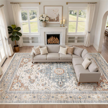 10x14 Area Rugs Washable Vintage Boho Living Room Rug Beige Blue