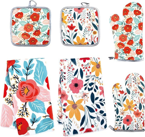 6 Pcs Kitchen Stuff, Wild Floral Kitchen Oven Mitts, Pot Holders Sets by Qchengsan
