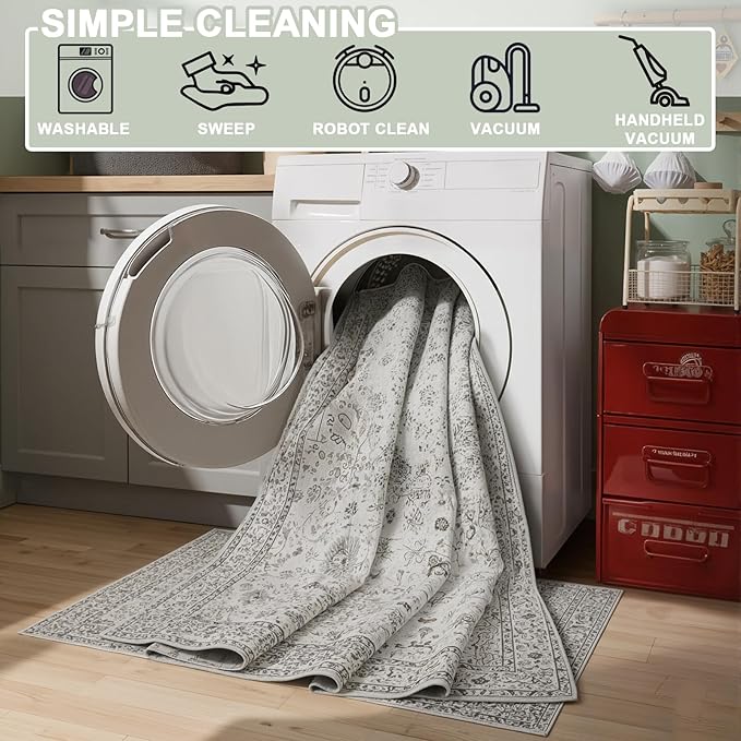 Area Rug 4x6 Grey Rug, Washable Boho Rugs Non Slip Low Pile Floral Small Carpet - Image 4