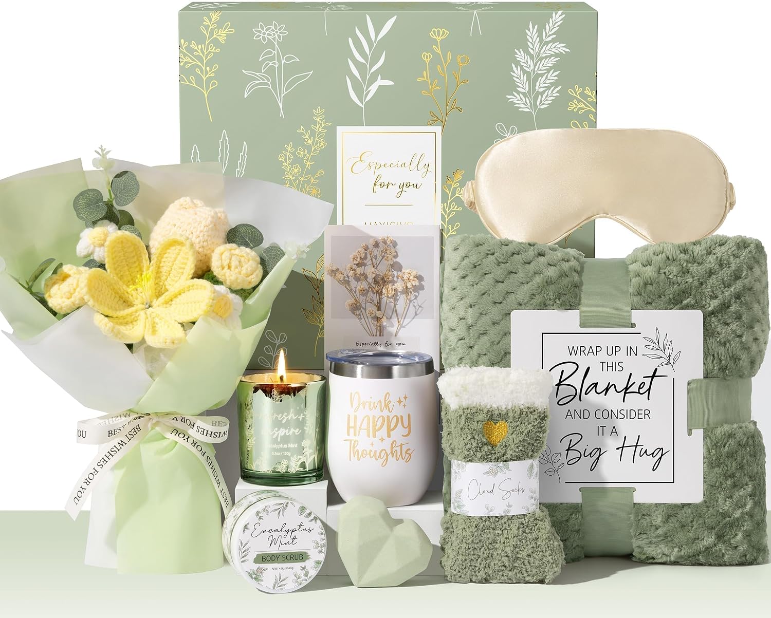 Birthday Gifts for Women, Spa Self Care Package Get Well Soon Gift Baskets | Sympathy Gift Set w/ Crochet Flower Bouquet, Christmas Thinking of You Gifts Basket for Women Mom Her Best Friend Sister Wife