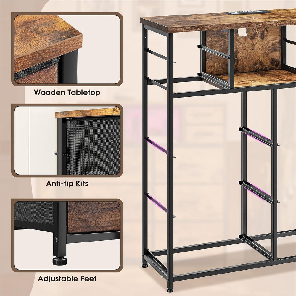 10-Drawer Tall Dresser for Bedroom, LED & Charging Station, Brown