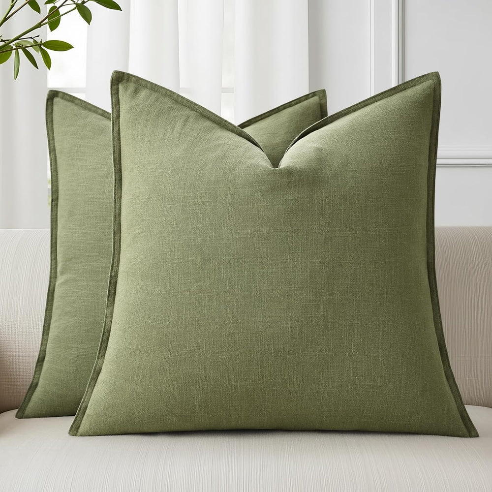 decorUhome Fall Olive Green Linen Throw Pillow Covers 20x20 Set of 2